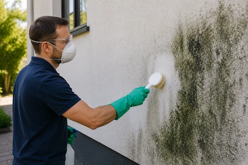 A man removing mould from a wall.