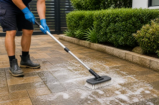A person cleaning the pavers.