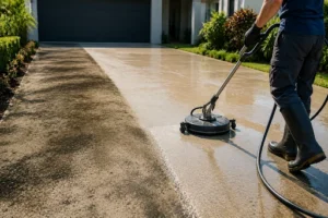 A person using a tool to clean a concrete driveway.