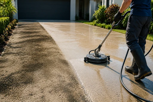 A person using a tool to clean a concrete driveway.