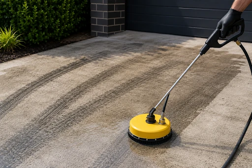 A person’s hand using a tool to remove tyre marks from concrete.