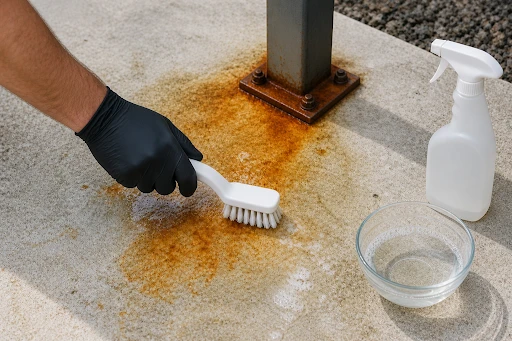 Removing rust stains from concrete using a liquid solution.