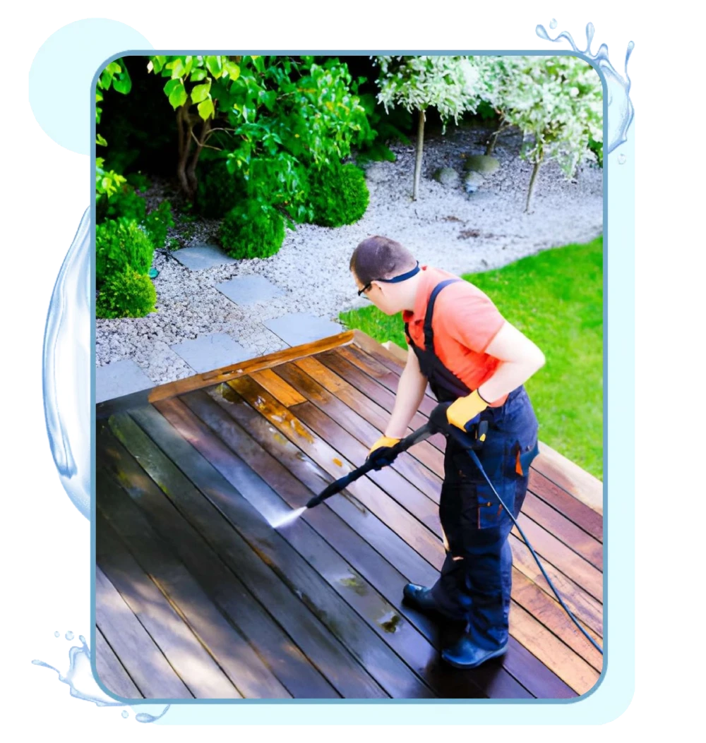 man using Pressure washing to clean wood floor