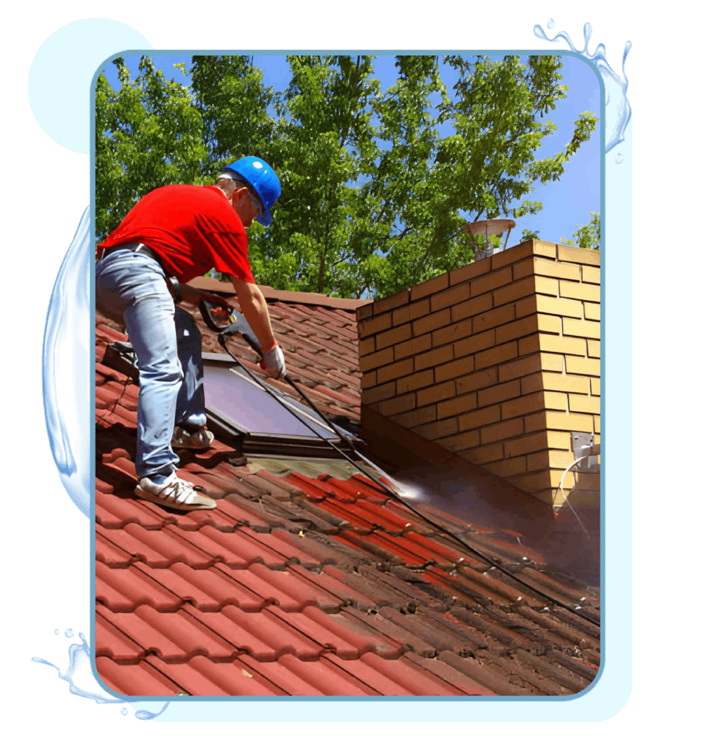 Man Used pressure washing in roof tile cleaning