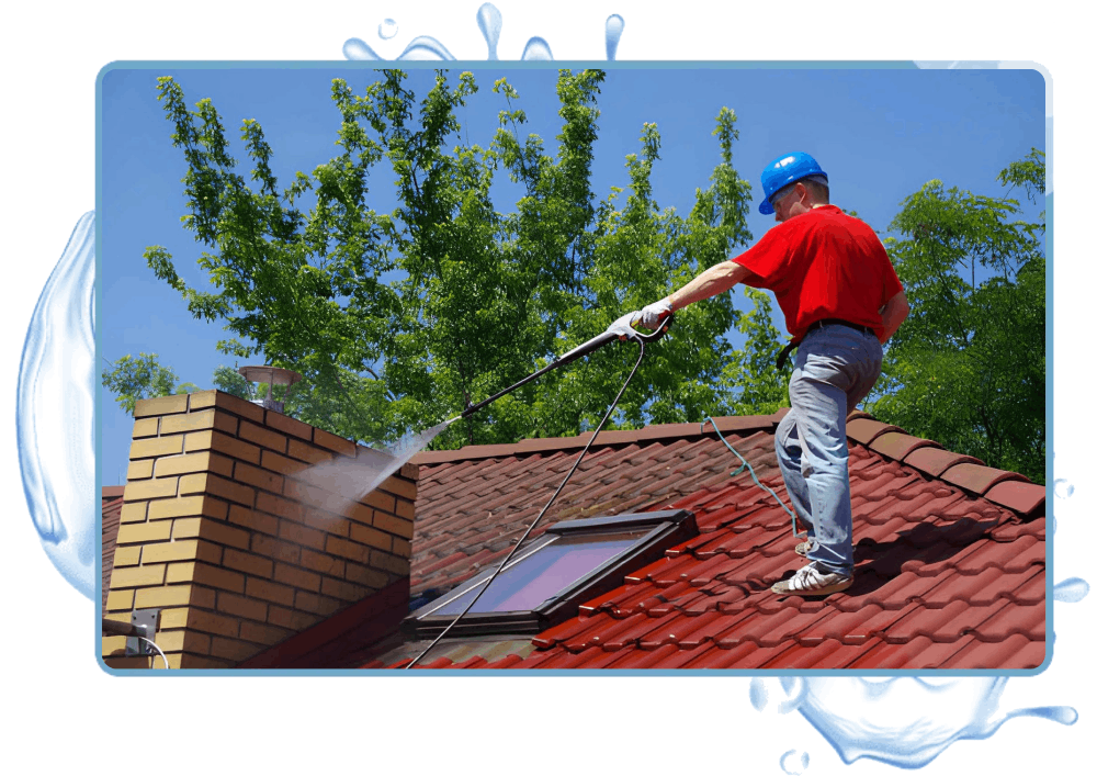 Man Using Pressure washing in roof tile chimney