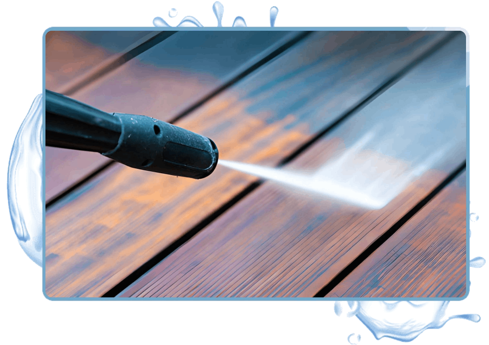 Man Using pressure washing Wood floor frame