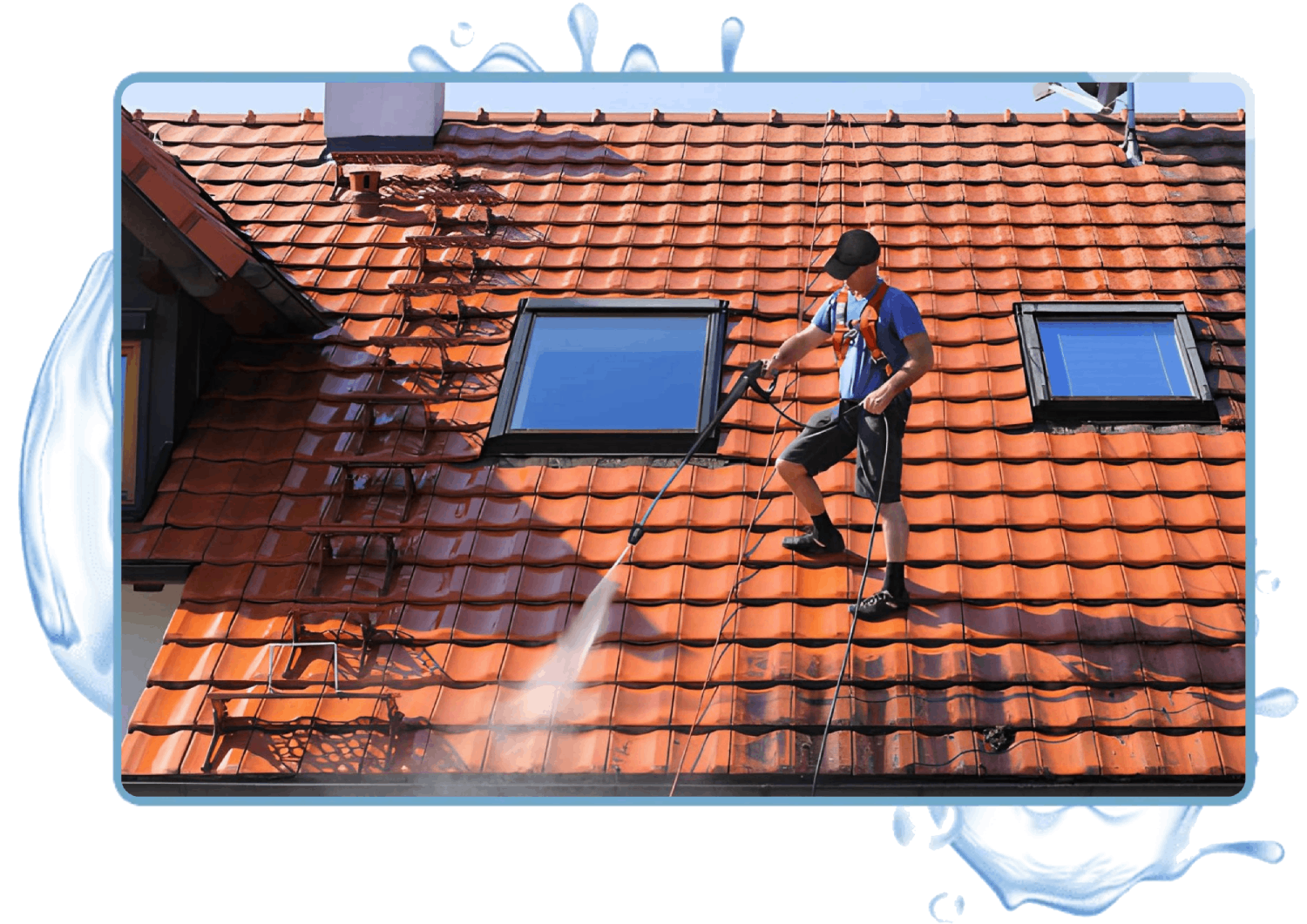 Man Using pressure washing in Roof tiles