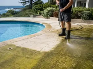 Pressure washing algae from a pool surround