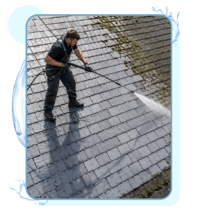 Slate roof Man use pressure washing