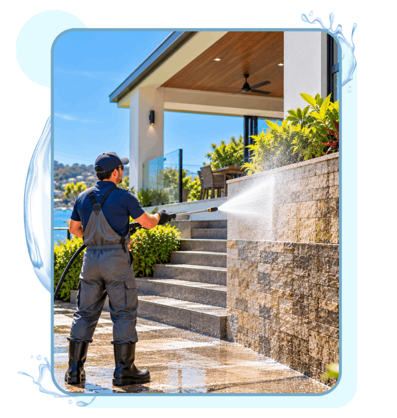 Cleaning outdoor stone retaining walls at a Bayview home. (1)