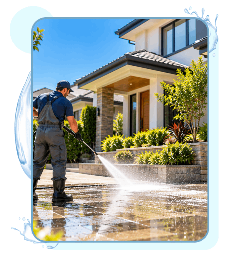 House washing professional pressure cleaning the tiled driveway of a two-storey residential property in Bankstown, Sydney.
