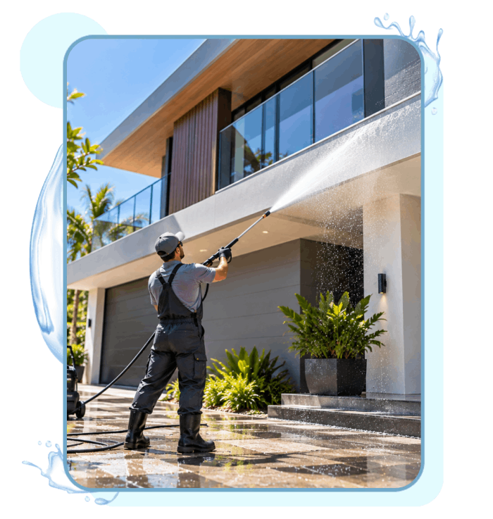 Man Doing Pressure Washing a Modern Home