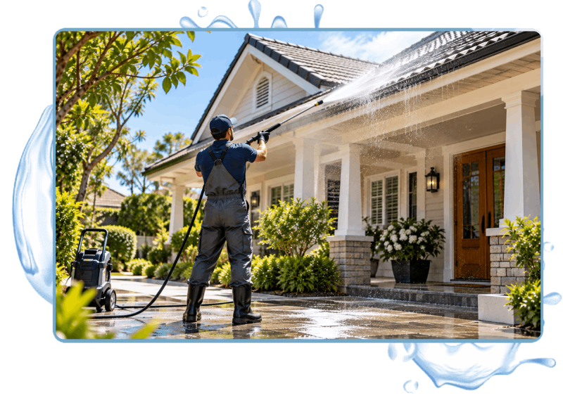 Man cleaning house using pressure washing in roof