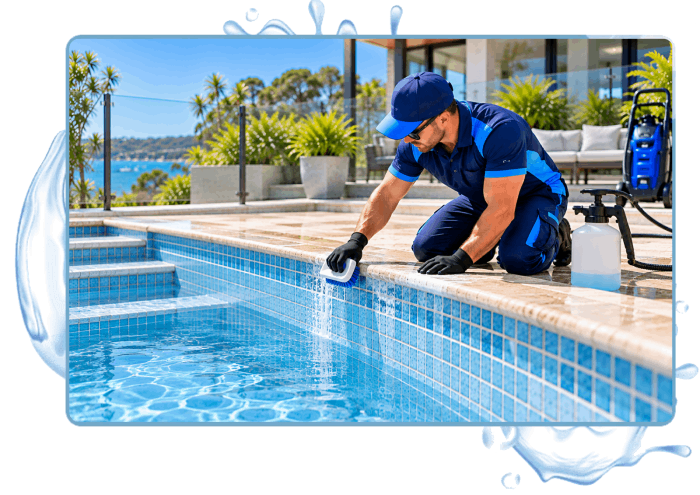 Professional pool tile cleaning along a swimming pool waterline in Northern Beaches.