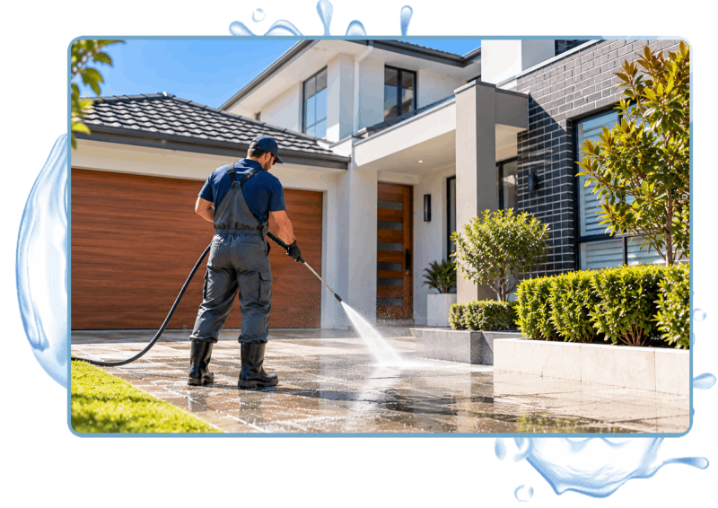 Professional pressure cleaning a paved driveway outside a modern two-storey home in Bankstown, Sydney.