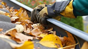Worker removing leaves from a gutter